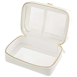 Open view of a Truffle Clarity Jumbo Jetset Case in white leather with two zip-around clear compartments.