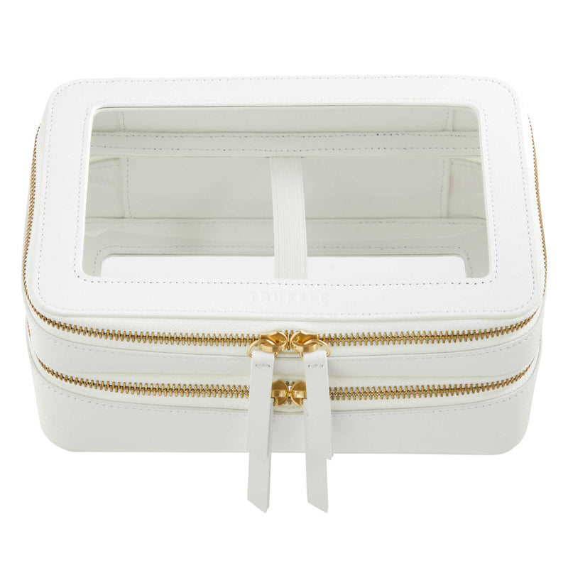 Truffle Clarity Jumbo Jetset Case in white leather with two zip-around clear compartments.