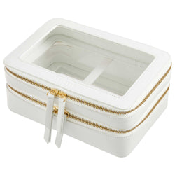 Side view of a Truffle Clarity Jumbo Jetset Case in white leather with two zip-around clear compartments.