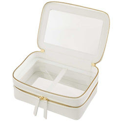Open view of a Truffle Clarity Jumbo Jetset Case in white leather with two zip-around clear compartments.