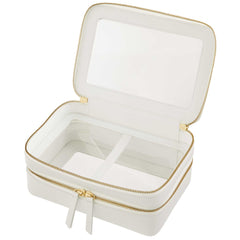 Open view of a Truffle Clarity Jumbo Jetset Case in white leather with two zip-around clear compartments.