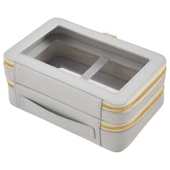 Back view of a Truffle Clarity Jumbo Jetset Case in dove grey leather with two zip-around clear compartments.