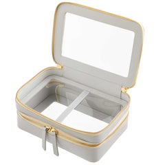 Open view of a Truffle Clarity Jumbo Jetset Case in dove grey leather with two zip-around clear compartments.