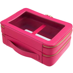 Back view of a Truffle Clarity Jumbo Jetset Case in hot pink leather with two zip-around clear compartments.