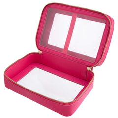 Open view of a Truffle Clarity Jumbo Jetset Case in hot pink leather with two zip-around clear compartments.