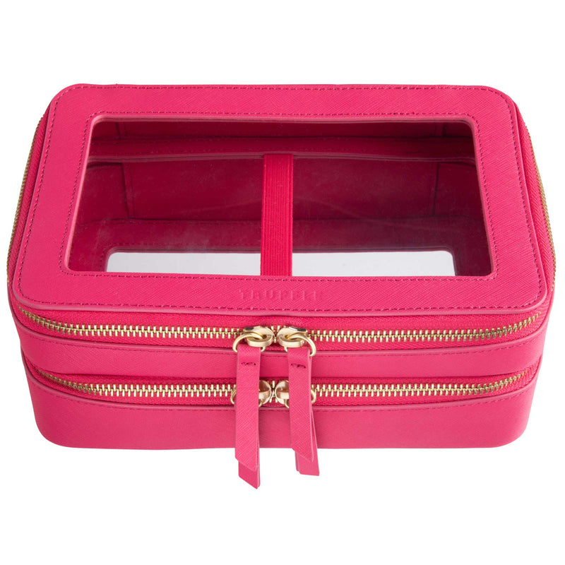 Truffle Clarity Jumbo Jetset Case in hot pink leather with two zip-around clear compartments.