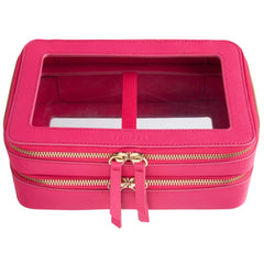 Truffle Clarity Jumbo Jetset Case in hot pink leather with two zip-around clear compartments.