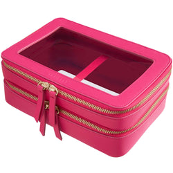 Side view of a Truffle Clarity Jumbo Jetset Case in hot pink leather with two zip-around clear compartments. 