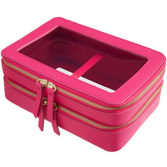 Side view of a Truffle Clarity Jumbo Jetset Case in hot pink leather with two zip-around clear compartments. 