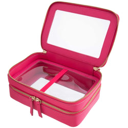 Open view of a Truffle Clarity Jumbo Jetset Case in hot pink leather with two zip-around clear compartments.