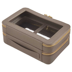 Back view of a Truffle Clarity Jumbo Jetset Case in toffee leather with two zip-around clear compartments.