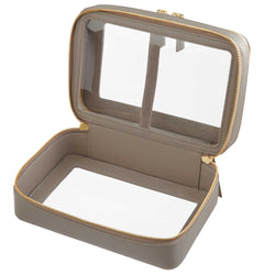 Open view of a Truffle Clarity Jumbo Jetset Case in toffee leather with two zip-around clear compartments.