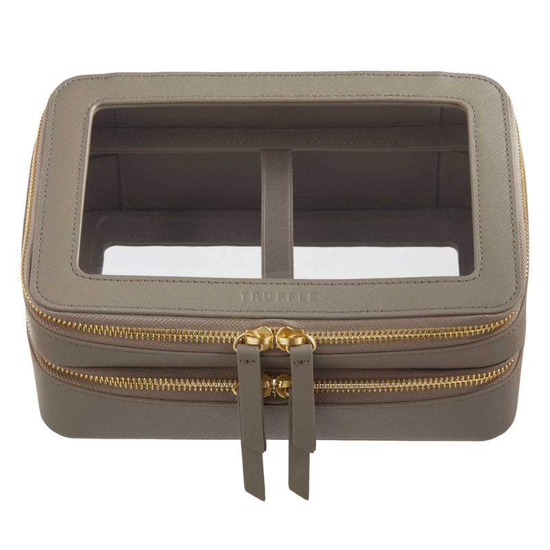 Truffle Clarity Jumbo Jetset Case in toffee leather with two zip-around clear compartments.