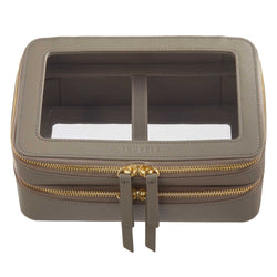 Truffle Clarity Jumbo Jetset Case in toffee leather with two zip-around clear compartments.