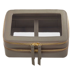 Truffle Clarity Jumbo Jetset Case in toffee leather with two zip-around clear compartments.