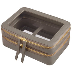Side view of a Truffle Clarity Jumbo Jetset Case in toffee leather with two zip-around clear compartments.