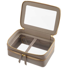 Open view of a Truffle Clarity Jumbo Jetset Case in toffee leather with two zip-around clear compartments.