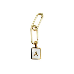 Two gold plated links attached to a small square white enamel charm with a gold border and the letter 'A' in gold, shown on a mother of pearl white background.