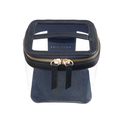 Truffle Clarity Mini Train Case, trimmed in black leather, perfect for small beauty, tech and everyday essentials.