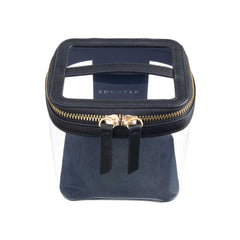 Truffle Clarity Mini Train Case, trimmed in black leather, perfect for small beauty, tech and everyday essentials.