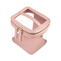 Side view of a Truffle Clarity Mini Train Case, trimmed in blush leather, perfect for small beauty, tech and everyday essentials.