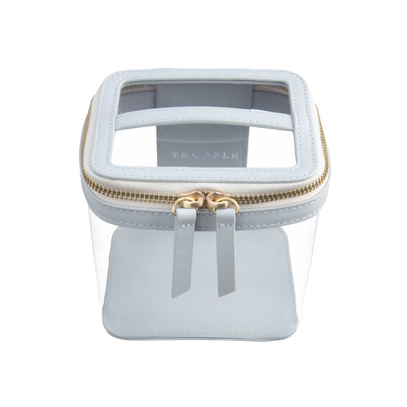 Truffle Clarity Mini Train Case, trimmed in dove grey leather, perfect for small beauty, tech and everyday essentials.