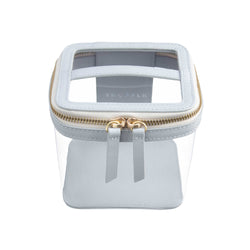 Truffle Clarity Mini Train Case, trimmed in dove grey leather, perfect for small beauty, tech and everyday essentials.
