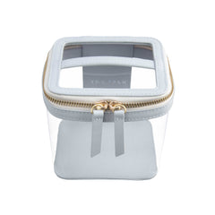 Truffle Clarity Mini Train Case, trimmed in dove grey leather, perfect for small beauty, tech and everyday essentials.