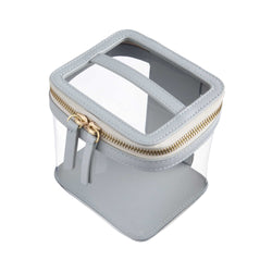 Side view of a Truffle Clarity Mini Train Case, trimmed in dove grey leather, perfect for small beauty, tech and everyday essentials.
