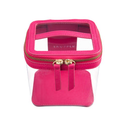 Truffle Clarity Mini Train Case, trimmed in hot pink leather, perfect for small beauty, tech and everyday essentials.