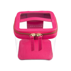 Truffle Clarity Mini Train Case, trimmed in hot pink leather, perfect for small beauty, tech and everyday essentials.