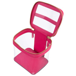 Open view of a Truffle Clarity Mini Train Case, trimmed in hot pink leather, perfect for small beauty, tech and everyday essentials.