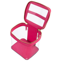 Open view of a Truffle Clarity Mini Train Case, trimmed in hot pink leather, perfect for small beauty, tech and everyday essentials.