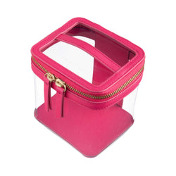 Side view of a Truffle Clarity Mini Train Case, trimmed in hot pink leather, perfect for small beauty, tech and everyday essentials.