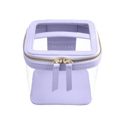 Truffle Clarity Mini Train Case, trimmed in lilac leather, perfect for small beauty, tech and everyday essentials.