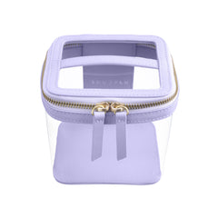 Truffle Clarity Mini Train Case, trimmed in lilac leather, perfect for small beauty, tech and everyday essentials.