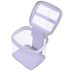 Open view of a Truffle Clarity Mini Train Case, trimmed in lilac leather, perfect for small beauty, tech and everyday essentials.lilac-leather