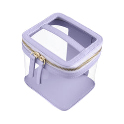 Side view of a Truffle Clarity Mini Train Case, trimmed in lilac leather, perfect for small beauty, tech and everyday essentials.lilac-leather