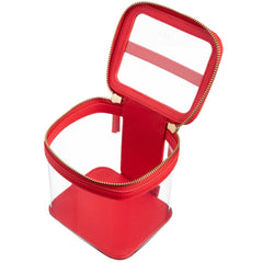 Open view of a Truffle Clarity Mini Train Case, trimmed in red leather, perfect for small beauty, tech and everyday essentials.