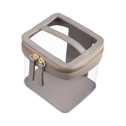 Side view of a Truffle Clarity Mini Train Case, trimmed in Toffee leather, perfect for small beauty, tech and everyday essentials.toffee-leather