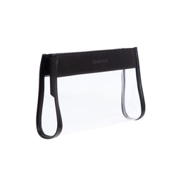 Side angle of a Truffle Everyday Pouch Mini, a clear sweet multi-purpose pouch trimmed in Black leather. 