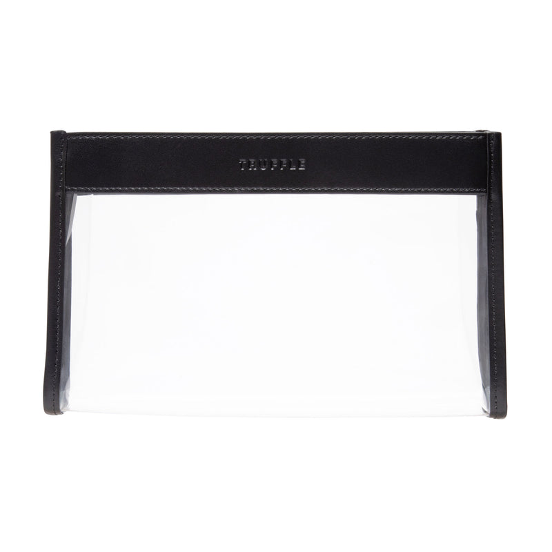 Truffle Everyday Pouch Small, a chic clear makeup bag trimmed in Black napa leather.