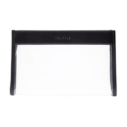 Truffle Everyday Pouch Small, a chic clear makeup bag trimmed in Black napa leather.