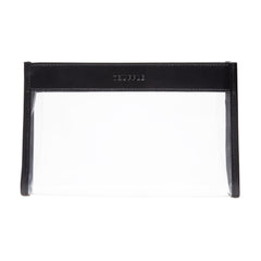 Truffle Everyday Pouch Small, a chic clear makeup bag trimmed in Black napa leather.