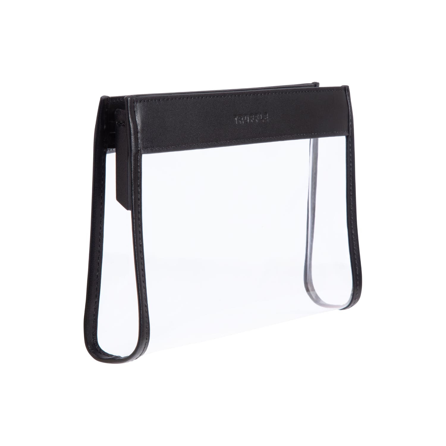 Truffle Everyday Pouch Small, a chic clear makeup bag trimmed in Black napa leather.