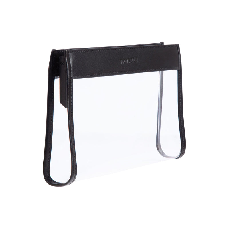 Truffle Everyday Pouch Small, a chic clear makeup bag trimmed in Black napa leather.
