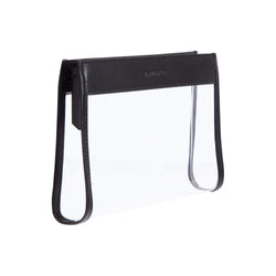 Truffle Everyday Pouch Small, a chic clear makeup bag trimmed in Black napa leather.