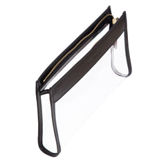Top down view of a Truffle Everyday Pouch Small, a chic clear makeup bag trimmed in Black napa leather.