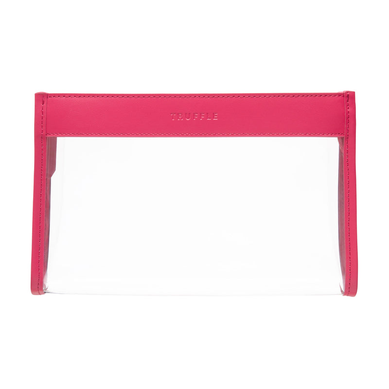 Truffle Everyday Pouch Small, a chic clear makeup bag trimmed in Hot Pink napa leather