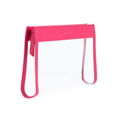 Side view of a Truffle Everyday Pouch Small, a chic clear makeup bag trimmed in Hot Pink napa leather.hot-pink-leather